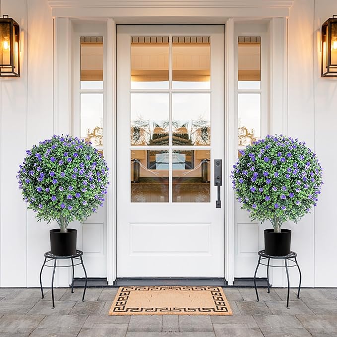 27.6''H Artificial Purple Flower Boxwood Plants Outdoor Set of 2, Realistic Faux Boxwood Topiary Shrubs with Spike, UV Resistant Topiary Ball Large Fake Bushes Plant for Indoor & Outdoor Decor