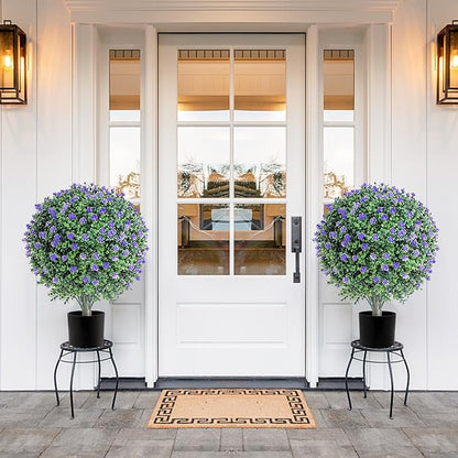 27.6''H Artificial Purple Flower Boxwood Plants Outdoor Set of 2, Realistic Faux Boxwood Topiary Shrubs with Spike, UV Resistant Topiary Ball Large Fake Bushes Plant for Indoor & Outdoor Decor