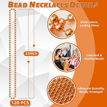 YAXINRUI 120 PCS Orange Bead Necklace, Orange Mardi Gras Beads, 33 Inch Halloween Beaded Necklace for Mardi Gras Christmas Halloween Festive Events