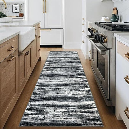 KOZYFLY Modern Abstract Washable Rug Runner 2.6x18 Hallway Rug Runner Non-Slip Soft Kitchen Runner Rugs, Black Navy Blue Grey Striped Carpet for Entryway Bathroom Laundry Room Foyer