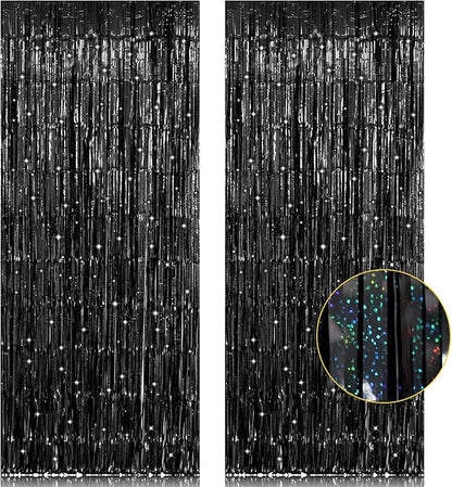 2 Pack 3.2ft x 8.2ft Black Tinsel Foil Fringe Curtain, Sparkle Metallic Foil Backdrop for Party Photo Booth Props New Years Eve Birthday Bridal Shower Bachelorette Holiday Decorations Supplies