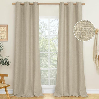 LAMIT Natural Linen Curtains 84 inch Long 2 Panels, Linen Textured Thermal Insulated Bedroom Curtains Grommet Privacy Burlap Boho Drapes for Living Room/Farmhouse, W38 x L84, Camel