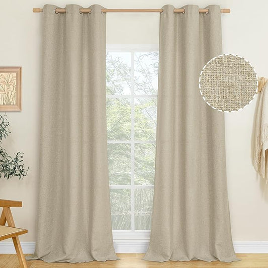 LAMIT Natural Linen Curtains 84 inch Long 2 Panels, Linen Textured Thermal Insulated Bedroom Curtains Grommet Privacy Burlap Boho Drapes for Living Room/Farmhouse, W38 x L84, Camel
