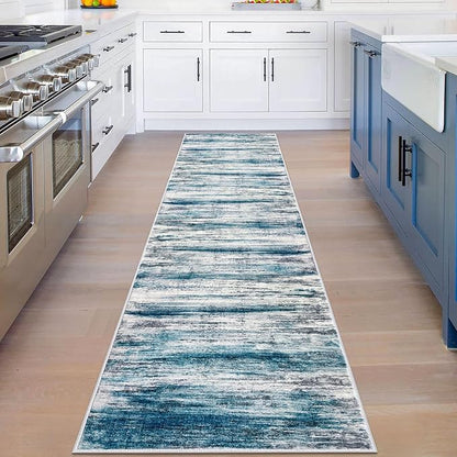 KOZYFLY Modern Abstract Runner Rug, 2x8 Kitchen Rugs Non-Slip Washable Soft Striped Hallway Runner Rugs, Print Blue Carpet Runner for Entryway Bathroom Laundry Room Foyer