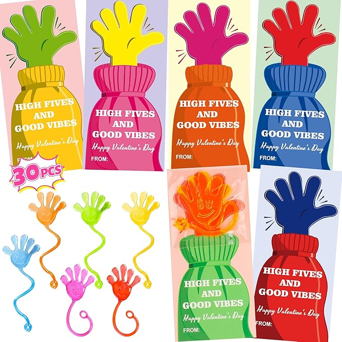 AYGXU valentines gifts for kids classroom-30pcs sticky hands for kids with cards bulk,party favors,slappy hands sticky,valentine exchange gift,goodie bags stuffers