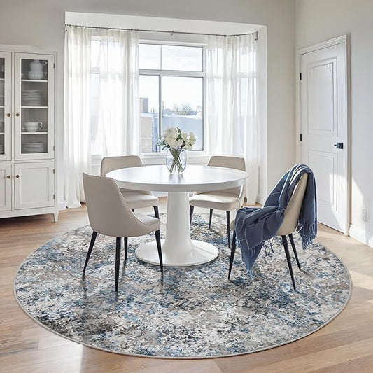 6ft Round Area Rug for Living Room- 6x6 Washable Neutral Abstract Rug for Bedroom Modern Soft Dining Room Rug No Slip Low Pile Carpet for Nursery Home Office Decor - Grey/Blue