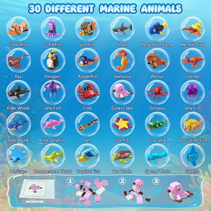 30 Pack Animals Valentines Party Favors For Kids, 824PCS Marine Animal Building Block Sets for Valentines Day Goodie Bags Filler Classroom Prizes Stocking Stuffers Birthday Gifts for Boys Girls 6+