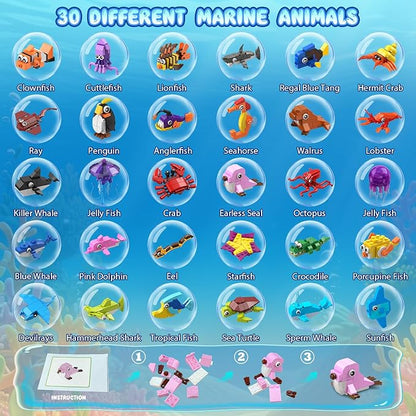 30 Pack Animals Valentines Party Favors For Kids, 824PCS Marine Animal Building Block Sets for Valentines Day Goodie Bags Filler Classroom Prizes Stocking Stuffers Birthday Gifts for Boys Girls 6+