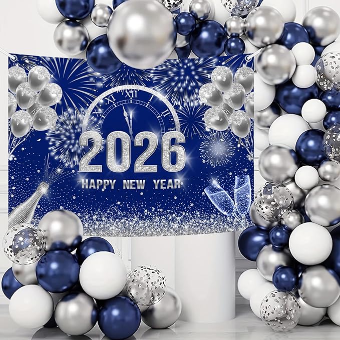 MEHOFOND 7x5 ft Blue and Silver 2026 Happy New Year Backdrop Cheers to 2026 New Year Eve Glitter Photography Background Hello 2026 Party Champagne Balloon Fireworks Decor Banner Cake Smash Photo Props