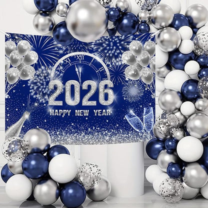 MEHOFOND 7x5 ft Blue and Silver 2026 Happy New Year Backdrop Cheers to 2026 New Year Eve Glitter Photography Background Hello 2026 Party Champagne Balloon Fireworks Decor Banner Cake Smash Photo Props