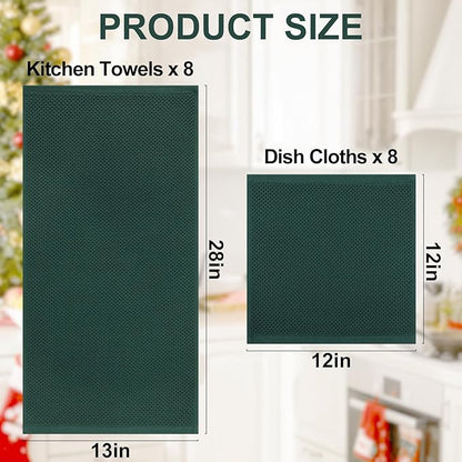 Homaxy 100% Cotton Kitchen Towels and Dishcloths Set, 12 x 12 Inches and 13 x 28 Inches, Set of 16 Bulk Kitchen Towels Set, Ultra Soft Absorbent Dish Cloths for Washing Dishes, Blackish Green