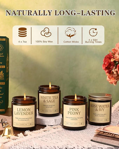 4 Pack Scented Candles for Women: 28oz Natural Soy Candles for Home Scented, Up to 200H Burning, Aromatherapy Candle Set, Jar Candle Gift Set for Bath Meditation, Birthday Christmas Gifts, Home Decor