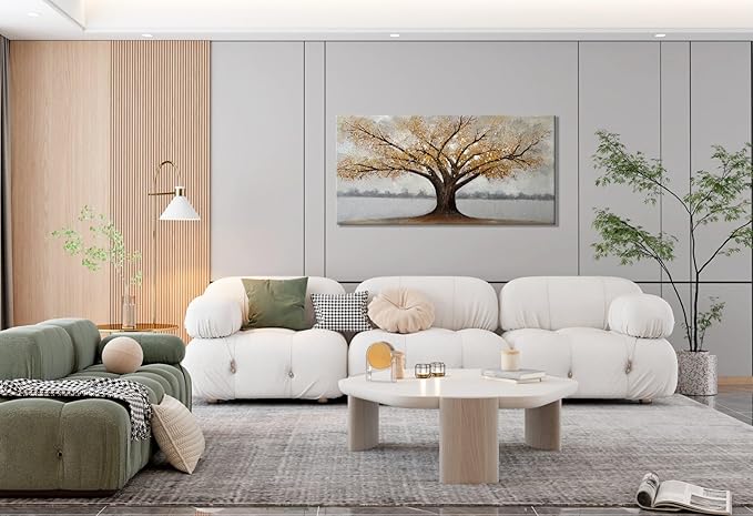 Alenoss 3D Modern Oil Painting on Canvas 24x48, Large Abstract Textured Tree Paintings Canvas Wall Art Home Decorations Framed Wall Art Pictures for Bedroom Living Room Wall Decor