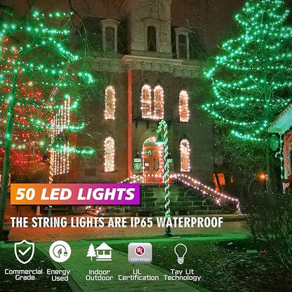 25ft 50 Counts Green LED Christmas Lights - Commercial Grade Outdoor Waterproof, Wide Angle Green Wire, Xmas Tree Lights, IP65, UL