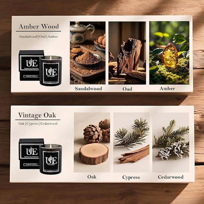 2 Pack Scented Candle Set for Men | Black Candles Set of Amber Wood，Vintage Oak| 110 Hour Long Lasting Candles for Home Scented | Made with Soy Wax | 16 oz