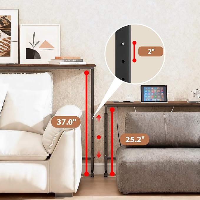90 inch Narrow Console Table with Outlet,Adjustable Height(25"-37") Behind Sofa Table,Couch Behind Table Skinny,Couch Shelf with Charging Station,Long Entryway Tables for Living Room, Brown
