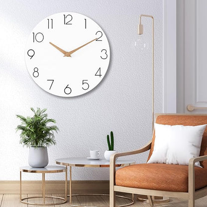 Wall Clock, 16 Inch Wooden Battery Operated Wall Clocks Silent Non-Ticking, Decorative White Clock for Living Room, Bedroom, Kitchen, Home, Office, School, Hotel