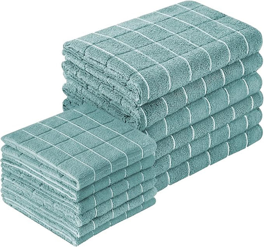 Microfiber Kitchen Towels and Dishcloths Set, 26 X 18 Inch and 12 X 12 Inch, Set of 12 Bulk Lint Free Dish Towels for Drying Dishes, Lake Blue