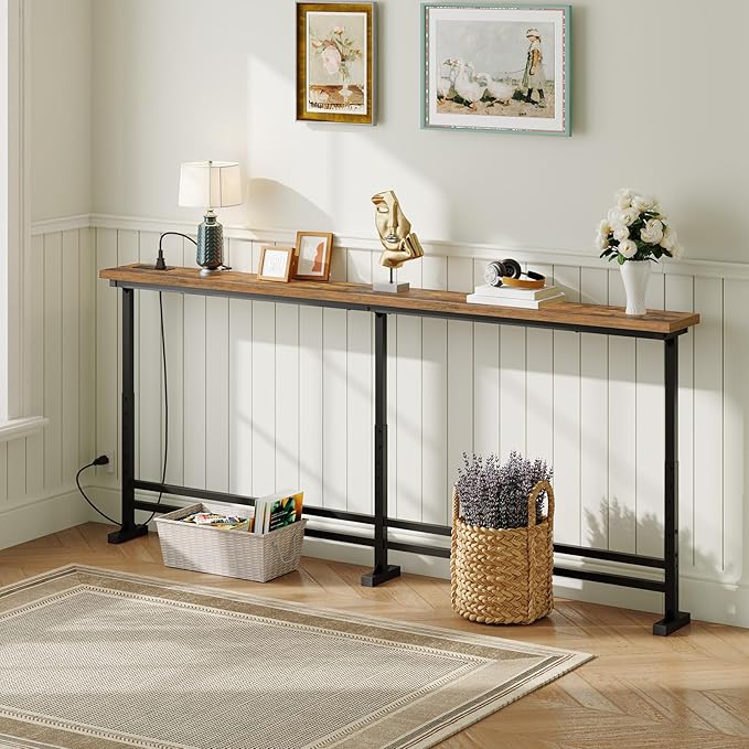 78.7" Console Table with Adjustable Height (27.6"-35.4") and Power Outlet, Skinny Behind Couch Table, Narrow Long Sofa Table for Living Room, Hallway, Entryway, Rustic Brown and Black CT09UBR