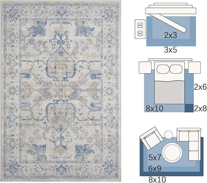 jinchan 4x6 Machine Washable Area Rugs Ultra-Thin Soft Throw Rug Low Pile Non-Slip Stain Resistant Distressed Vintage Floral Carpet for Bedroom,Living Room,Dining Room,Kitchen,Nursery(4x6ft,Blue)