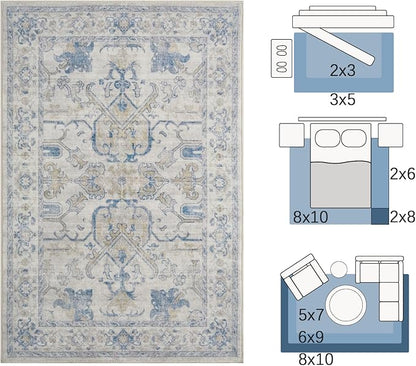 jinchan 5x7 Area Rugs Machine Washable Vintage Floral Throw Rug for Living Room Soft Ultra-Thin Low Pile Non-Slip Carpet for Kitchen,Bedroom,Dining Room,Nursery (5x7ft,Blue)