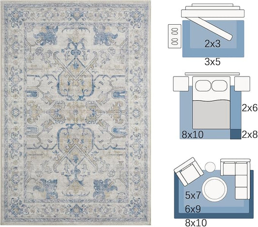 jinchan 5x7 Area Rugs Machine Washable Vintage Floral Throw Rug for Living Room Soft Ultra-Thin Low Pile Non-Slip Carpet for Kitchen,Bedroom,Dining Room,Nursery (5x7ft,Blue)