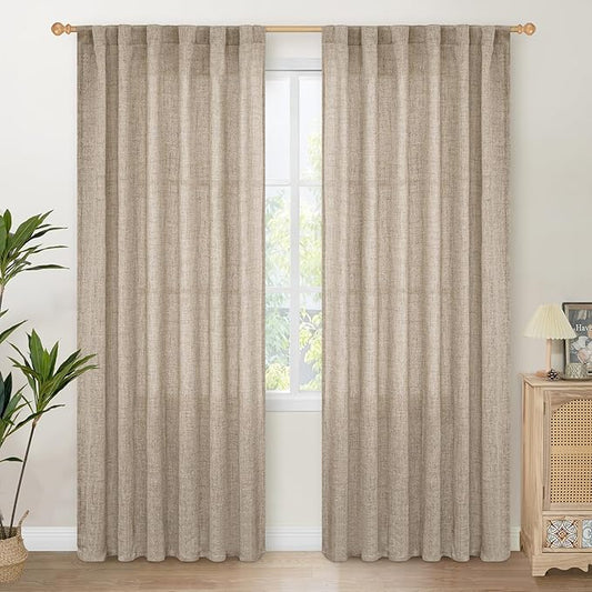 YoungsTex Dark Oatmeal Linen Semi Sheer Curtains 80 Inch Length for Living Room, Light Filtering Window Treatments Drapes with Rod Pocket Back Tab for Bedroom, 2 Panels, 52 X 80 Inch