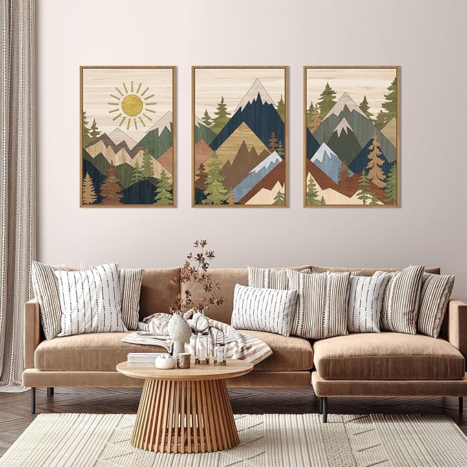 Large Abstract Mountain Woodcut Framed Canvas Wall Art,Neutral Pine Tree Wall Decor,Vintage Nature Forest Wall Painting,Rustic Artwork for Living Room,Bedroom,Dining Room,Farmhouse -24"x36"x3
