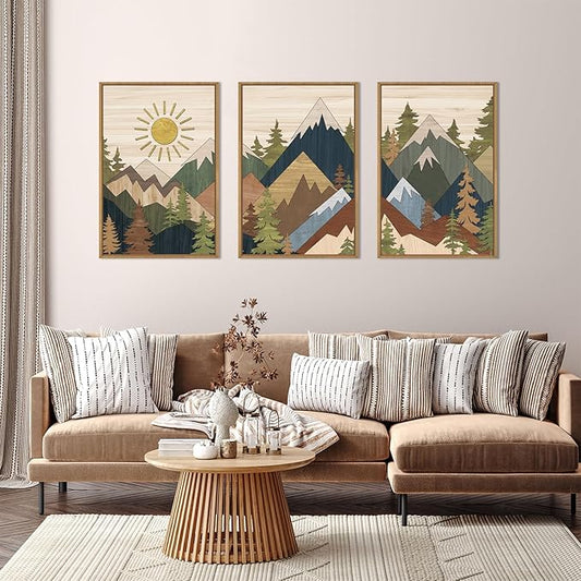 Large Abstract Mountain Woodcut Framed Canvas Wall Art,Neutral Pine Tree Wall Decor,Vintage Nature Forest Wall Painting,Rustic Artwork for Living Room,Bedroom,Dining Room,Farmhouse -24"x36"x3
