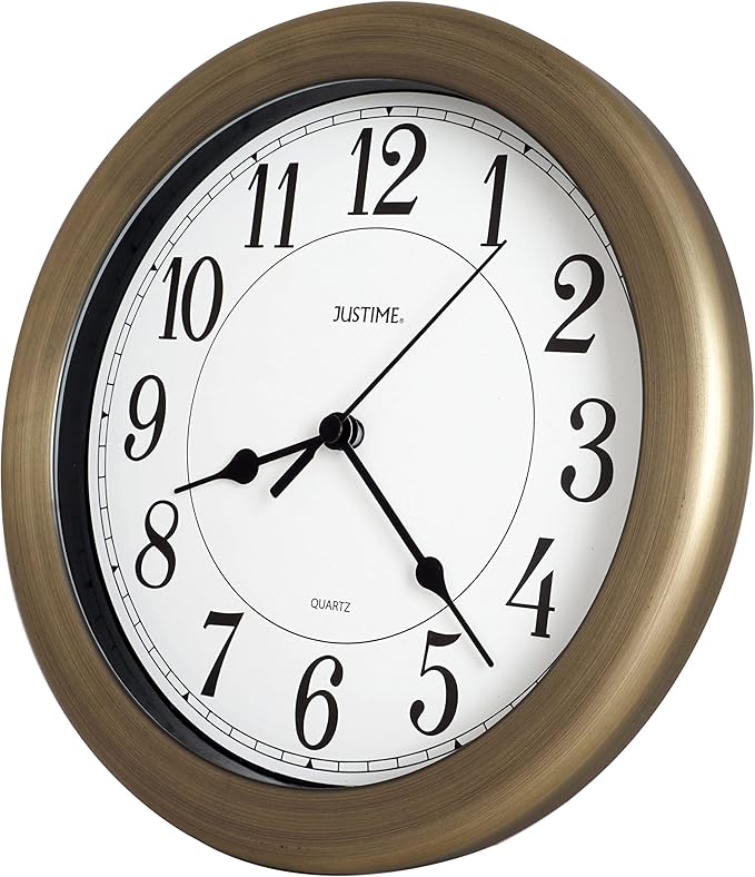 JUSTIME Water Resistant 8.5 inch Retro Bronze Wall Clock - Kitchen, Bathroom, Office Decor, Battery Operated, Quiet Movement, Small Space Solution, Indoor Use, Metal & Plastic Frame