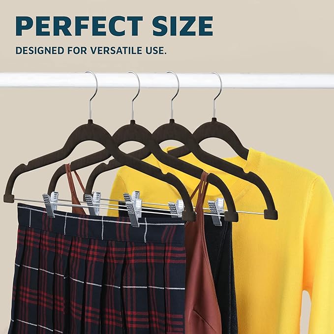 Velvet Skirt Hangers – with Adjustable Clips, 360 Degree Swivel Hook, and Non-Slip Shoulder Notch, Holds Up to 10 lbs, for Organizing Skirt, Pants, Dress, and Clothes, Pack of 10, Brown