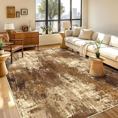 Washable Area Rugs 4'x6' Non-Slip Modern Abstract Soft for Living Room Entryway Bedroom Nursery, Print Pattern, Brown Tan Beige Coffee