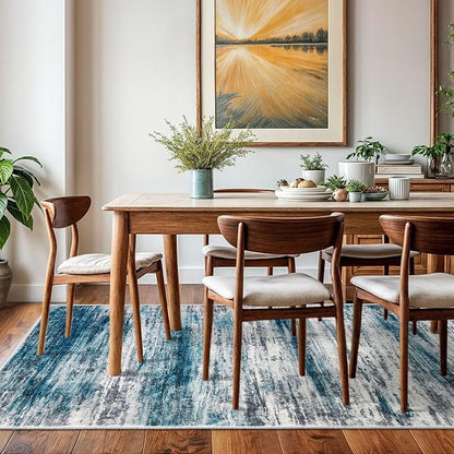 KOZYFLY Washable Area Rug 5x7 Modern Ombre Living Room Thin Rug Non-Slip Soft Striped Rug for Bedroom, Print Blue Abstract Carpet for Laundry Kid Room