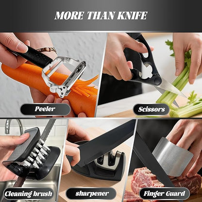 Knife Set, 20 Pcs Kitchen Knife set with block, Sharpener, Finger Guard, Brush, German Stainless Steel, Dishwasher Safe, Anti-slip Handle, Black