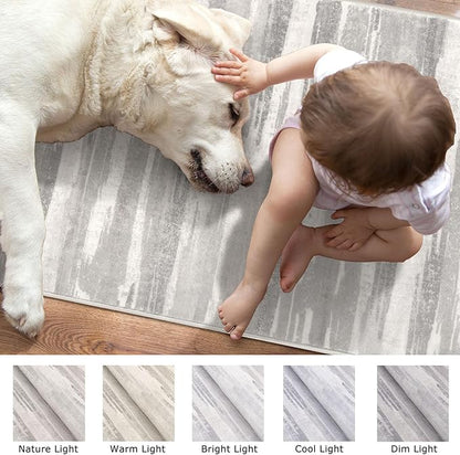 Modern Abstract Runner Rug 2x5, Neutral Light Beige and Grey Washable Entryway Kitchen Non-Slip Soft Hallway Runner Thin Print Faux Wool Carpet for Bedroom Laundry Room Indoor