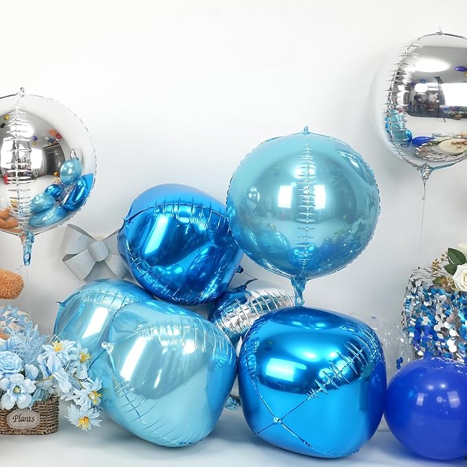 Blue Silver Round Foil Balloons 9 pcs,Metallic Giant 4D Round Balloons 22 Inch for Birthday Graduation Baby Shower Party Decorations