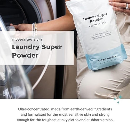 Clean Mama Laundry Super Powder Detergent - Extra Strength Laundry Detergent Powder - Natural Laundry Detergent for Sensitive Skin - Enzyme Powered, Fights Stains & Odors - Lemon + Clove, 60 Loads