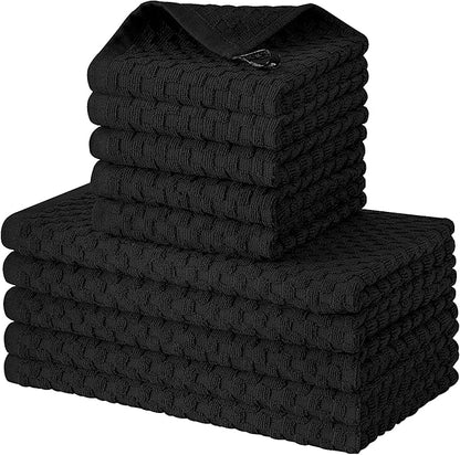 Fintale 100% Cotton Kitchen Towels and Dishcloths Set, 12 x 12 & 15 x 25 Inches, Set of 10 Bulk Super Soft and Absorbent Terry Cloth Dish Towels, Quick Drying Hand Towels with Hanging Loop, Black