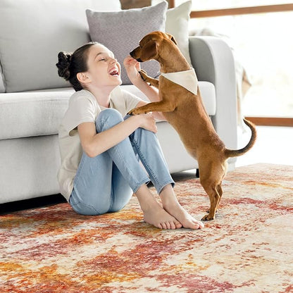 9x12 Area Rug for Living Room- Washable Rugs Modern Neutral Abstract Rug Soft Low Pile No Slip Stain Resistant Rug Indoor Large Carpet for Bedroom Dining Room Nursery Room Home - Pink/Orange