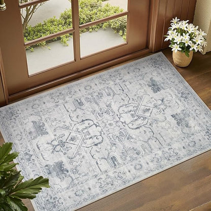 jinchan 2x3 Washable Rug for Entryway - Vintage Floral Ultra-Thin Low Pile Soft Small Non-Slip Distressed Indoor Doormat Accent Rug for Entrance Kitchen Bathroom Bedroom (2x3ft,Grey)