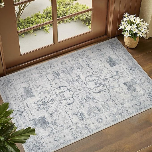 jinchan 2x3 Washable Rug for Entryway - Vintage Floral Ultra-Thin Low Pile Soft Small Non-Slip Distressed Indoor Doormat Accent Rug for Entrance Kitchen Bathroom Bedroom (2x3ft,Grey)