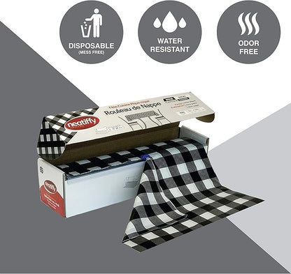 Neatiffy Disposable Plastic Table Cloth Roll | 54 in x 108 Ft Waterproof Tablecloth | Table Cover for Rectangle, Square, Round Oval Tables | Picnic, Party, Banquet, Birthdays, Weddings, BlackCheckered