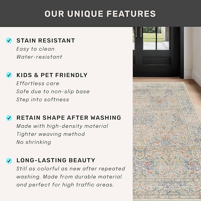Floral 3x20 Wide Hallway Runner - Beige Blue with Purple Accent, Boho Pastel Decor, Washable Low Pile Non Slip Stain Resistant Rug for Long Kitchen, Hall Way