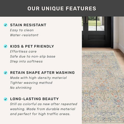 Washable Light Blue Bedroom Rug, 9x12 Area Rug for Living Room, Large Dining Room Rugs for Under Table, Soft Low Pile Non-Slip Stain Resistant Carpet - Vintage Floral Design (9x12 Beige Blue)
