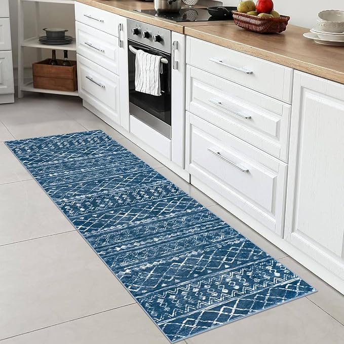 KUTA Moroccan Washable Hallway Runner Rug, 2x6 Non-Slip Vintage Blue Boho Rugs Kitchen Runners Ultra Soft Distressed Geometric Floor Carpet for Bedroom Laundry Living Room