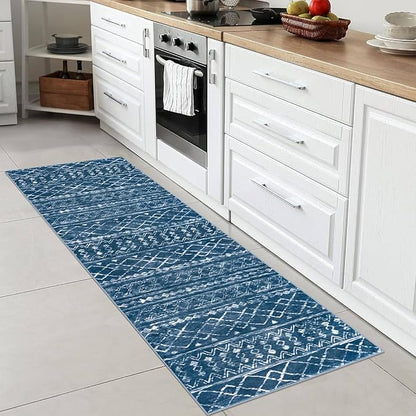 KUTA Moroccan Washable Hallway Runner Rug, 2x6 Non-Slip Vintage Blue Boho Rugs Kitchen Runners Ultra Soft Distressed Geometric Floor Carpet for Bedroom Laundry Living Room