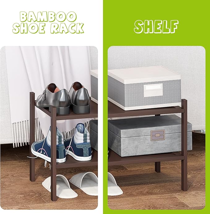 BMOSU 2-Tier Bamboo Small Shoe Rack Premium Stackable Shoe Shelf Storage Organizer for Hallway Closet Living Room Entryway Organizer(Brown)