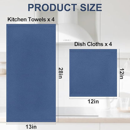 Homaxy 100% Cotton Kitchen Towels and Dishcloths Set, 12 x 12 Inches and 13 x 28 Inches, Set of 8 Bulk Kitchen Towels Set, Ultra Soft Absorbent Dish Cloths for Washing Dishes, Navy Blue