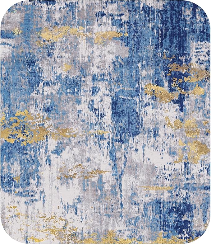 Washable Area Rugs Square 10ft Non-Slip Modern Abstract Soft for Living Room Entryway Bedroom Nursery, Print Pattern, Grey Blue Gold/Golden