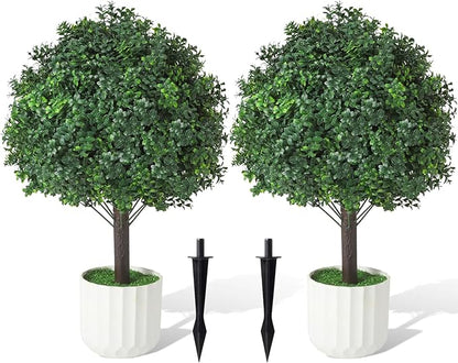 Boxwood Topiary Ball Trees Artificial Outdoor Set of 2, Dual-Base Weighted Planters/Spikes UV Resistant Fake Evergreen Bushes Plants for Front Porch Patio Garden and Door Decor